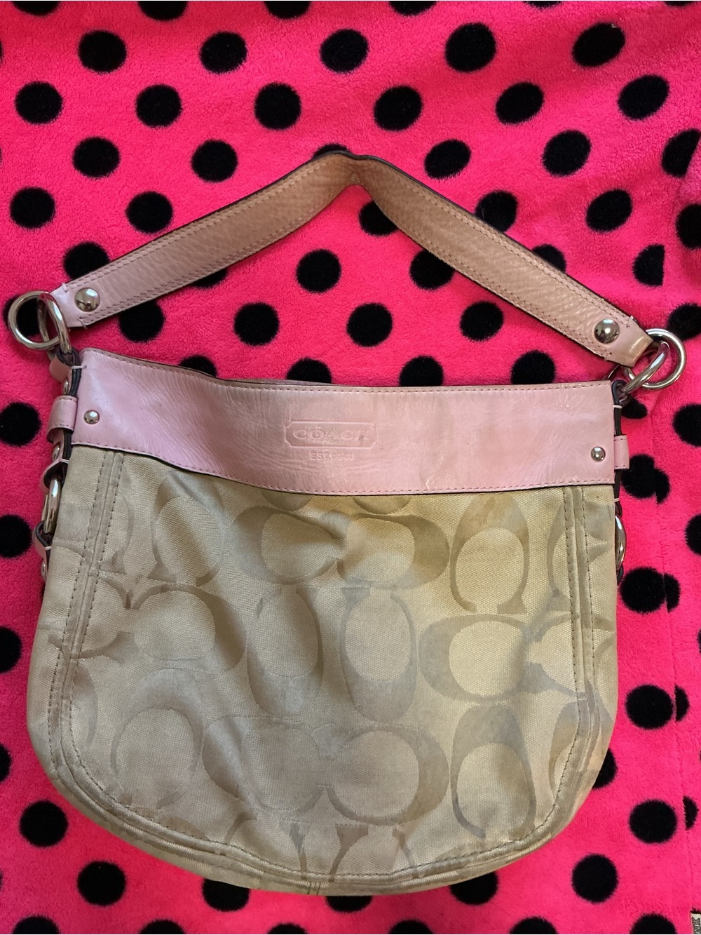 Coach Beige Signature Canvas Shoulder Bag with Pink Leather Trim